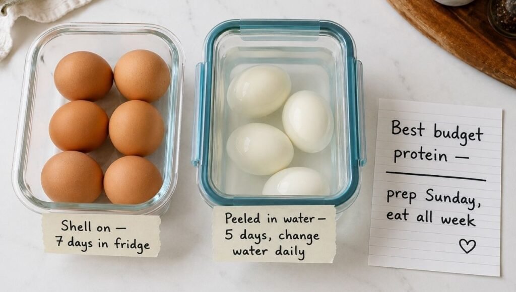 Two hard-boiled egg storage setups — eggs in shells labeled 7 days in fridge on the left, peeled eggs submerged in water labeled 5 days change water daily on the right — beside a notecard reading best budget protein prep Sunday eat all week