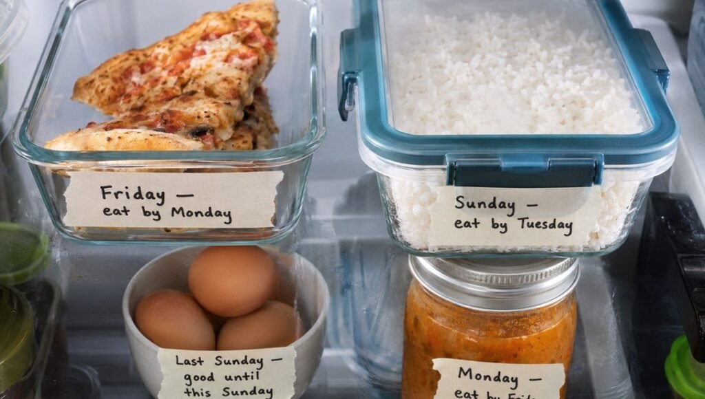 Open refrigerator shelf showing labeled leftover containers — pizza labeled eat by Monday, rice labeled eat by Tuesday, hard-boiled eggs labeled good until Sunday, and soup labeled eat by Friday — how long do leftovers last in the fridge complete guide