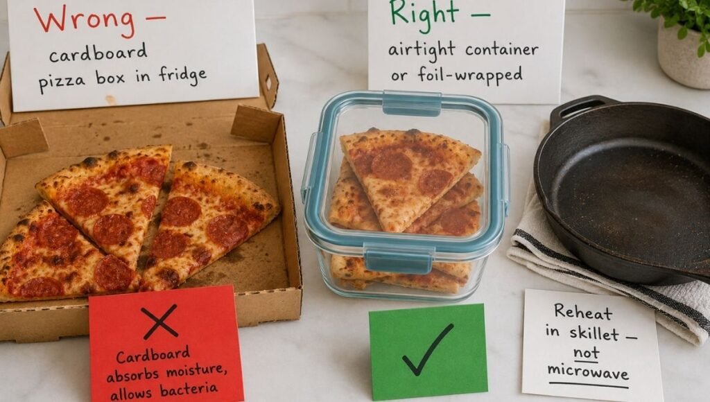 Split comparison showing pizza stored wrong in cardboard box labeled allows bacteria with red X versus pizza stored correctly in glass airtight container with green checkmark beside a skillet with reheat in skillet not microwave note — correct pizza leftover storage guide