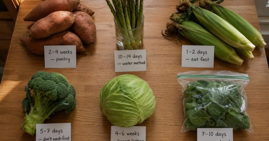 Six vegetables on a kitchen counter with handwritten storage time cards — sweet potatoes 2 to 4 weeks pantry, asparagus in water 10 to 14 days, corn 1 to 2 days, broccoli 5 to 7 days, cabbage 4 to 6 weeks, spinach 7 to 10 days — how long do sweet potatoes last and more complete guide