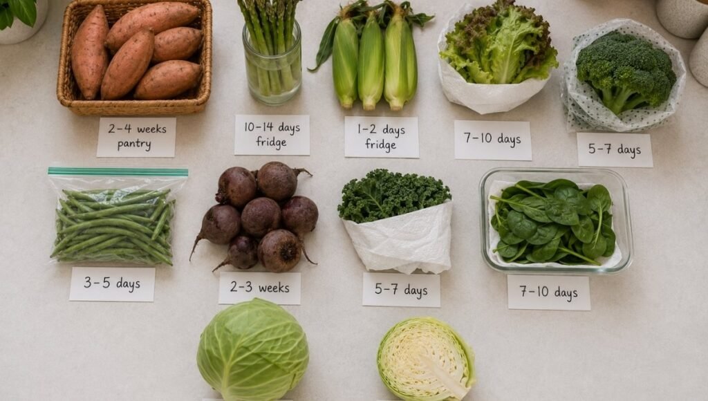 Eleven vegetables arranged in a grid with handwritten storage time cards — sweet potatoes 2 to 4 weeks pantry through cabbage 4 to 6 weeks — complete quick reference guide for how long vegetables last in storage