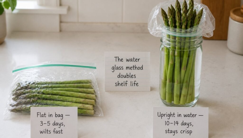 Asparagus lying flat in bag labeled 3 to 5 days wilts fast versus asparagus standing upright in water glass labeled 10 to 14 days stays crisp with a notecard reading the water glass method doubles shelf life — how to store asparagus correctly