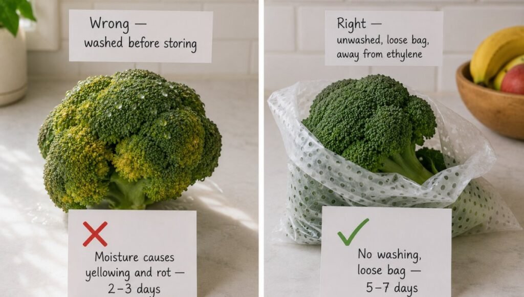 Split comparison showing washed broccoli with yellowing labeled wrong 2 to 3 days with red X versus unwashed broccoli in loose bag labeled right 5 to 7 days with green checkmark — why you should never wash broccoli before refrigerating