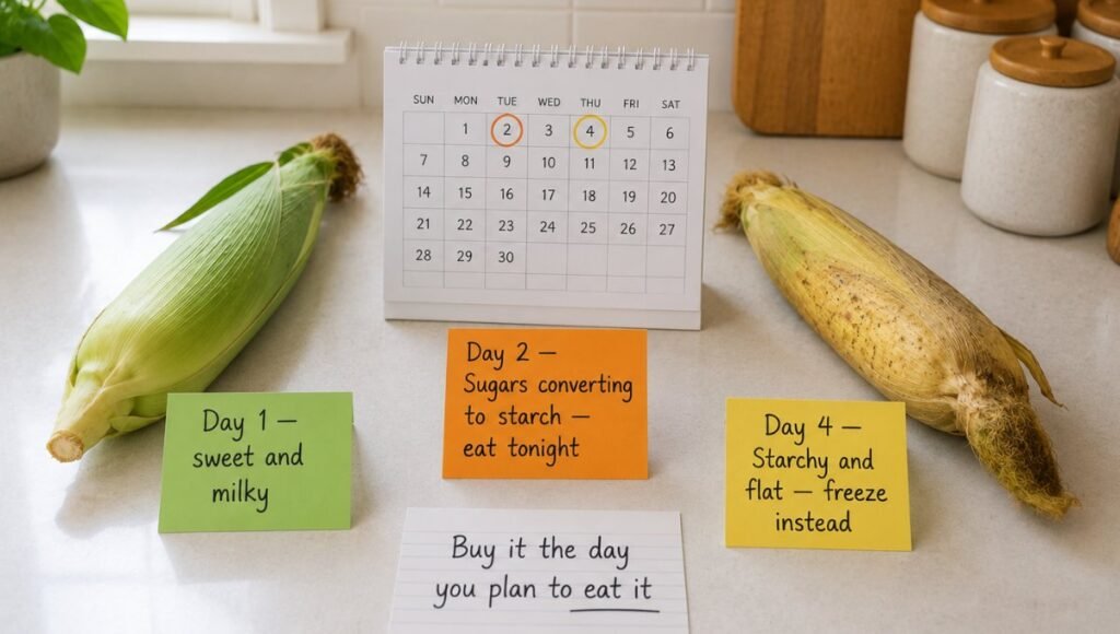 Three-stage corn freshness timeline showing Day 1 sweet and milky, Day 2 sugars converting to starch eat tonight, and Day 4 starchy and flat freeze instead — why corn on the cob must be eaten within 1 to 2 days of purchase