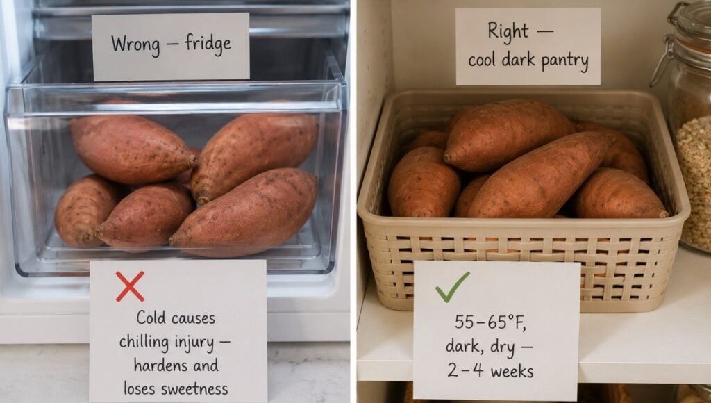 Split comparison showing sweet potatoes in fridge labeled wrong causes chilling injury with red X versus sweet potatoes in ventilated pantry basket labeled right 2 to 4 weeks with green checkmark — how to store sweet potatoes correctly and how long they last