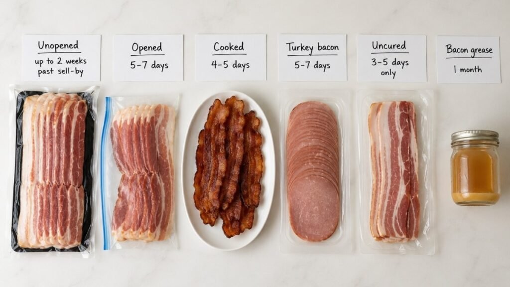Six bacon types on a counter with handwritten storage time cards — unopened 2 weeks, opened 5 to 7 days, cooked 4 to 5 days, turkey bacon 5 to 7 days, uncured 3 to 5 days, bacon grease 1 month — how long does bacon last in the fridge quick reference guide