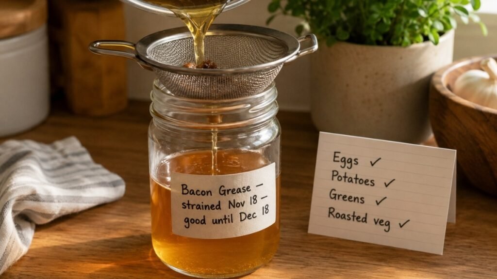 Bacon grease being strained through a fine mesh strainer into a labeled glass mason jar beside a handwritten notecard listing four uses — eggs, potatoes, greens, roasted vegetables — how to save and store bacon grease for zero waste cooking