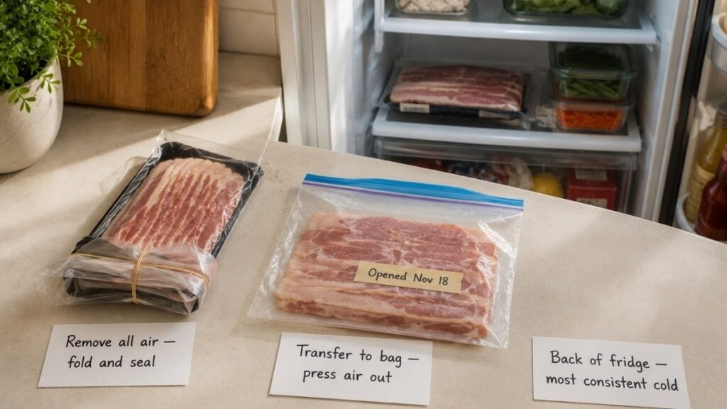 Bacon storage setup showing opened package with air removed and folded shut, zip-top bag with bacon pressed airtight with date label, and refrigerator showing bacon stored in back middle shelf not door — budget tips to make bacon last longer after opening