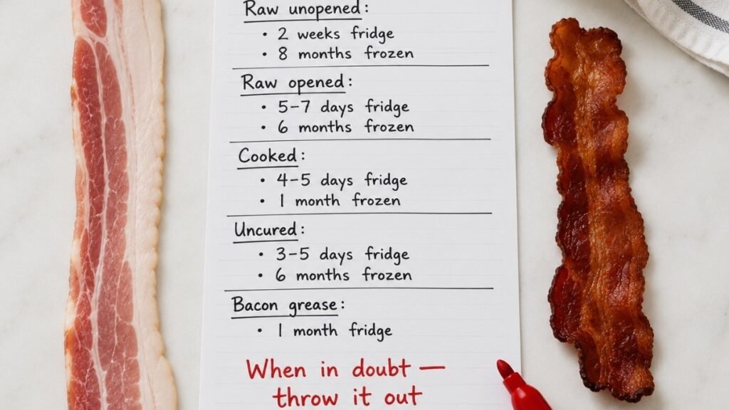 Handwritten bacon storage cheat sheet showing raw unopened 2 weeks fridge 8 months frozen, opened 5 to 7 days, cooked 4 to 5 days, uncured 3 to 5 days, bacon grease 1 month, with when in doubt throw it out written in red at the bottom — complete bacon storage quick reference