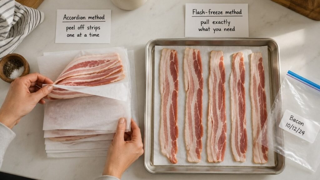 Two bacon freezing methods side by side — accordion folding with wax paper labeled peel off strips one at a time on the left, and individual strips on parchment sheet pan labeled flash freeze method on the right — smart bacon freezing to avoid waste