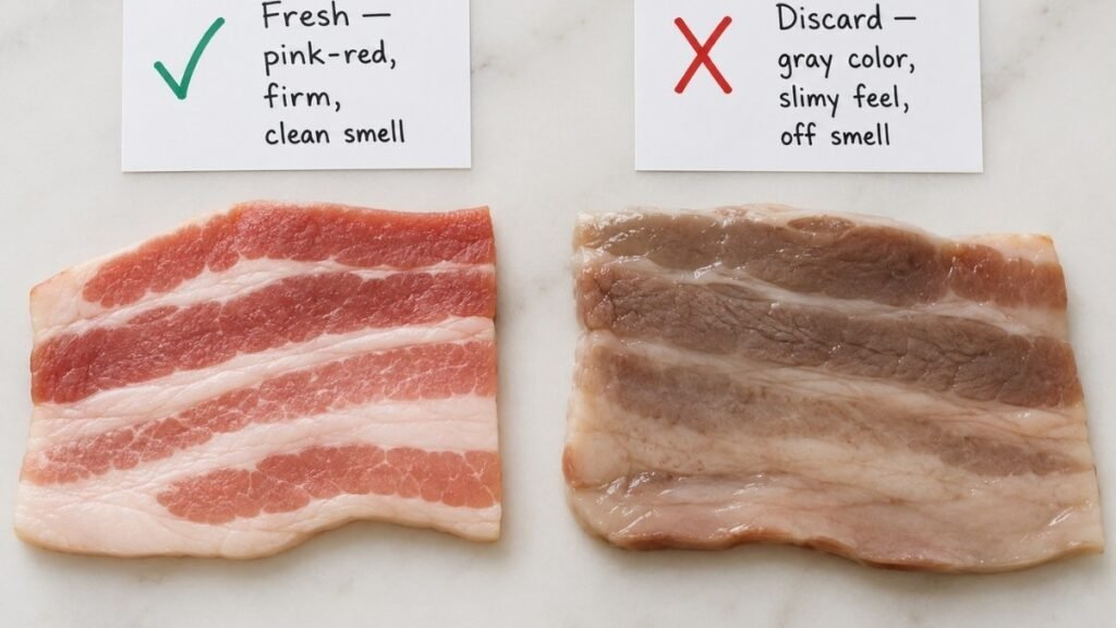 Two bacon strips side by side — fresh pink-red strip labeled fresh with green checkmark versus gray slimy strip labeled discard with red X — the 30-second how to tell if bacon has gone bad visual checklist