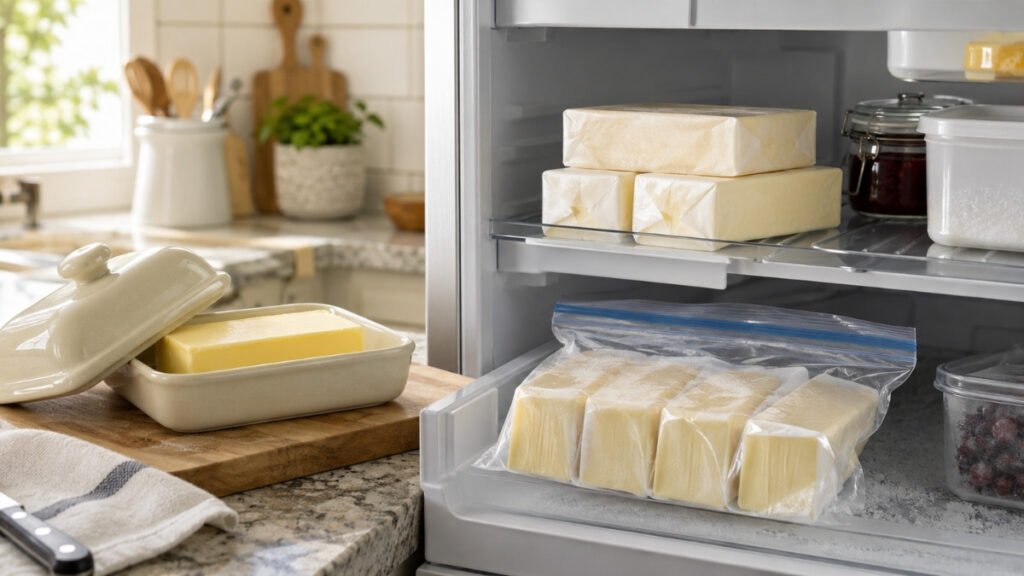 Butter stored on a kitchen counter, in a refrigerator, and in a freezer to show how long butter lasts