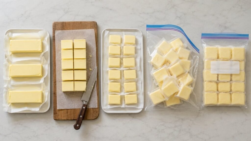 Butter cut into portions, separated with parchment paper, sealed, labeled, and ready to freeze