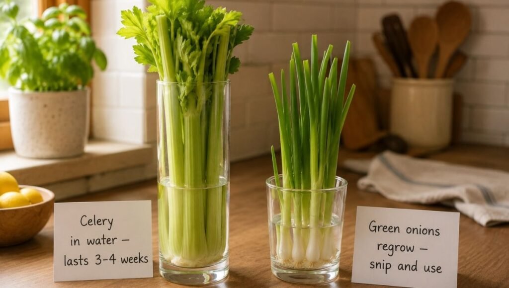 Celery standing upright in a tall glass of water labeled lasts 3 to 4 weeks beside green onions in a shorter glass with new green tops regrowing labeled snip and use — the water glass storage method for celery and green onions