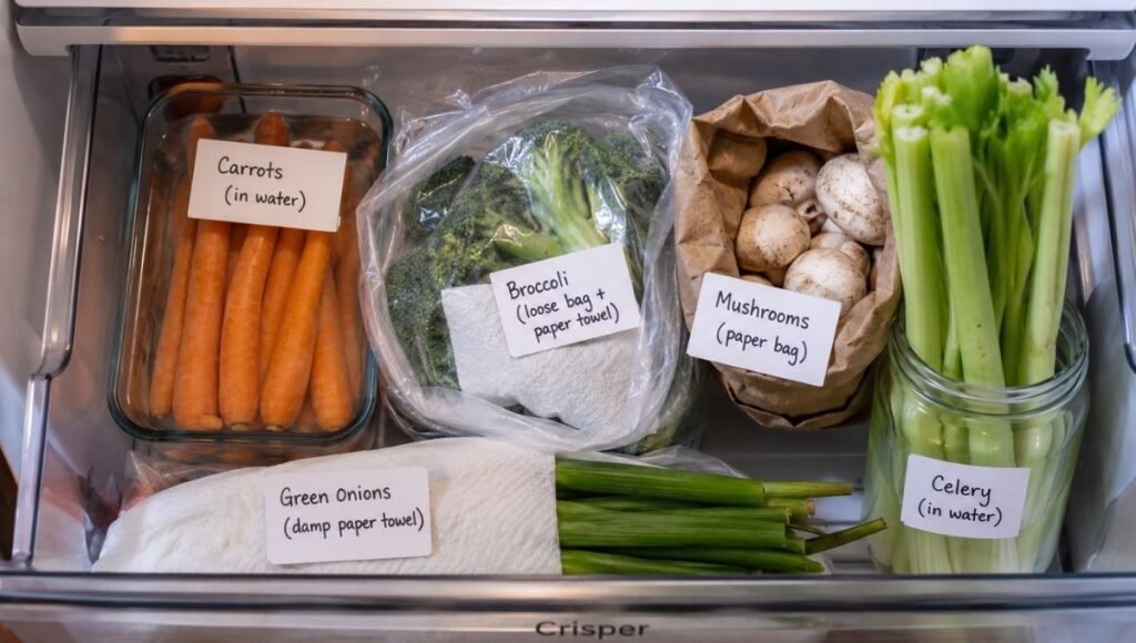 Open refrigerator crisper drawer showing correctly stored vegetables — carrots in water, broccoli in paper towel bag, mushrooms in paper bag, celery in jar of water — how to store vegetables so they last all week