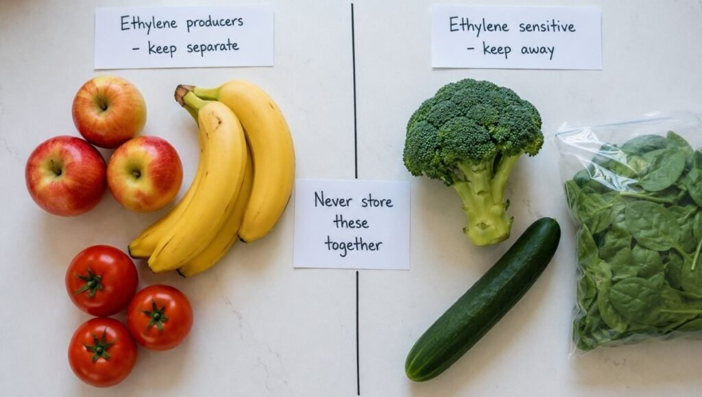 Two groups of produce separated on a counter — ethylene producers including apples bananas and tomatoes on the left versus ethylene sensitive vegetables including broccoli cucumber and spinach on the right — why you should never store these together