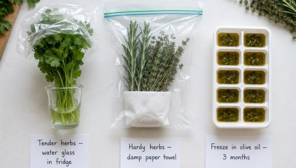 Three herb storage methods shown side by side — tender herbs in water glass labeled water glass in fridge, hardy herbs in damp paper towel bag, and herb olive oil ice cubes in freezer tray labeled freeze in olive oil 3 months