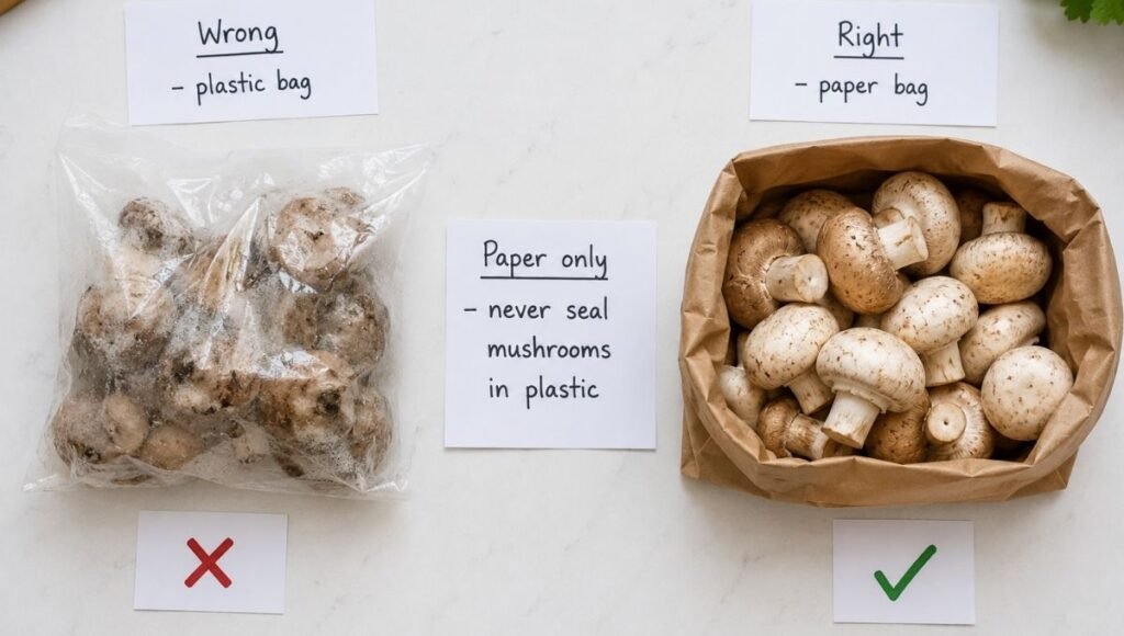 Split comparison showing slimy mushrooms in sealed plastic bag labeled wrong with red X versus fresh mushrooms in brown paper bag labeled right with green checkmark and notecard reading paper only never seal mushrooms in plastic