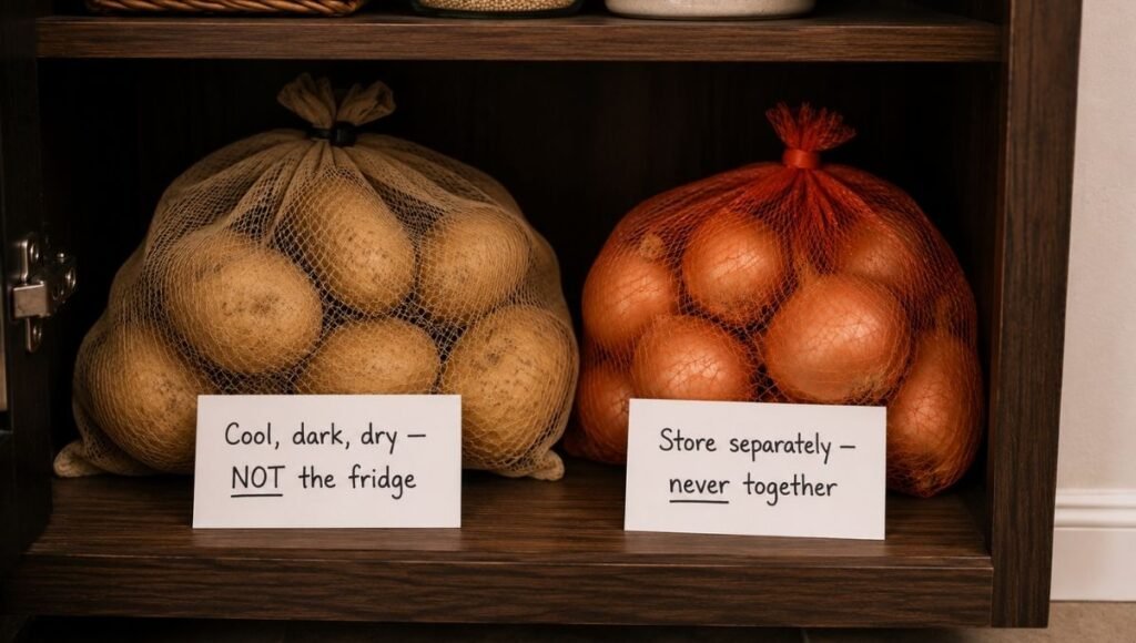 Mesh bag of potatoes on a cool dark pantry shelf with a card reading cool dark dry not the fridge beside a separate bag of onions with a store separately never together card — correct potato storage guide