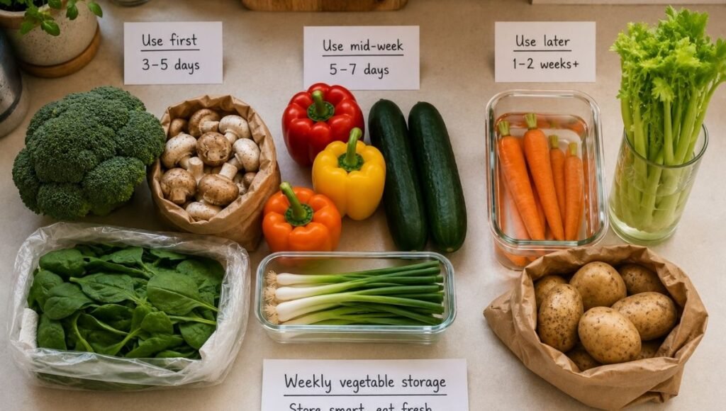 Kitchen counter organized into three sections showing vegetables by storage urgency — use first 3 to 5 days with broccoli mushrooms spinach, use mid-week 5 to 7 days with peppers cucumbers green onions, use later 1 to 2 weeks with carrots in water celery and potatoes — the complete weekly vegetable storage system