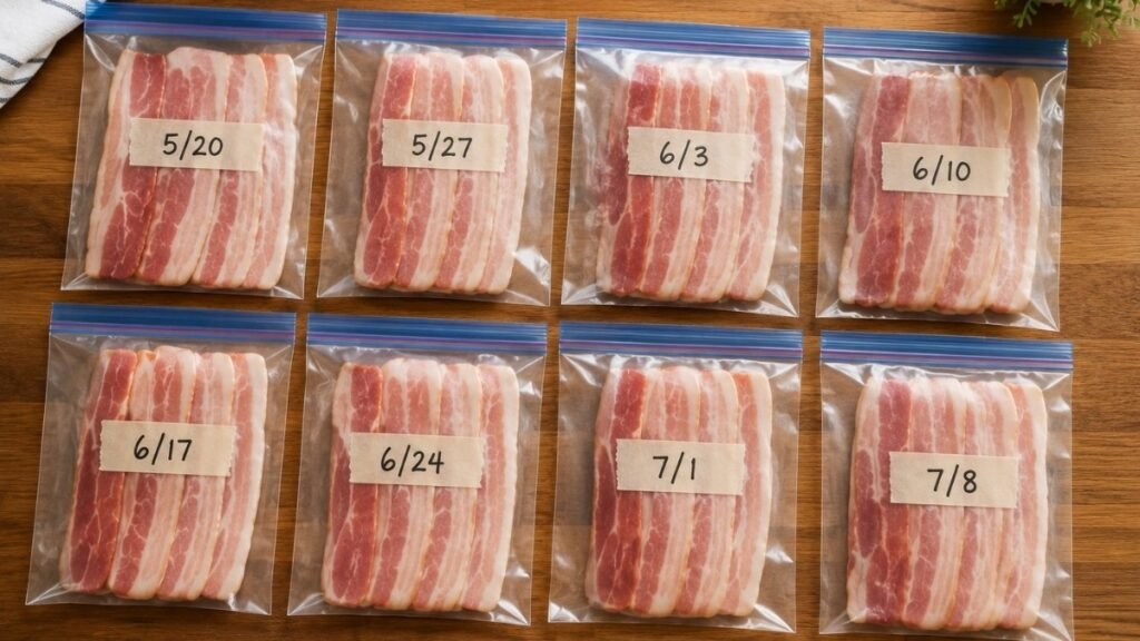 Example of bacon portioned into small meal-sized freezer bags labeled with dates