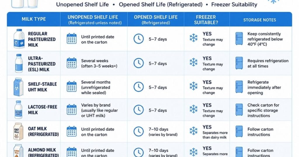 Milk shelf life comparison chart for regular, ultra-pasteurized, UHT, lactose-free, and plant-based milk