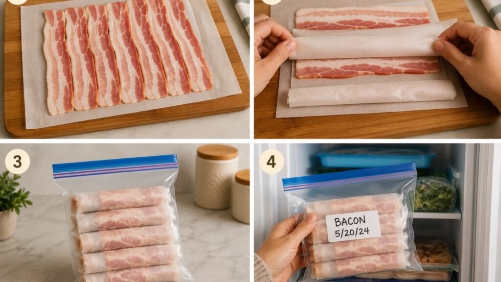 Step-by-step illustration of layering bacon slices between parchment paper before freezing in a bag