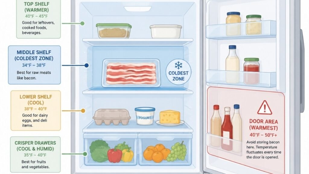 Diagram showing the coldest, most consistent shelf in the refrigerator as the best place to store bacon, away from the door