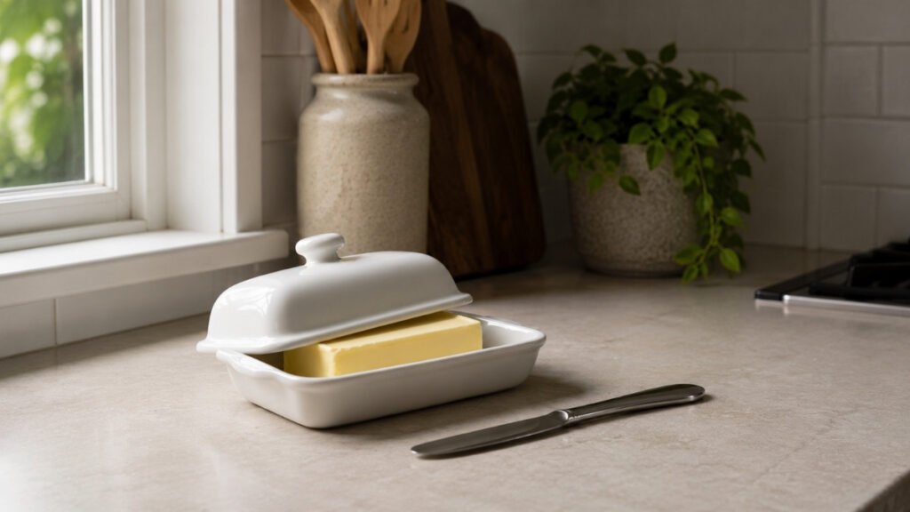 Small portion of salted butter stored safely in a covered dish on a cool kitchen counter