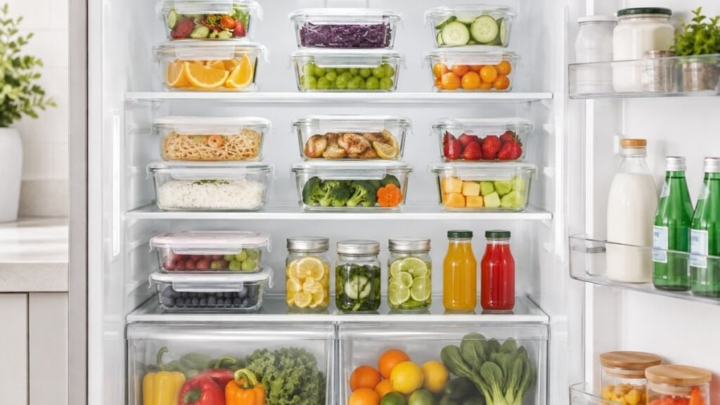 Glass food storage containers organized for meal prep and everyday kitchen storage