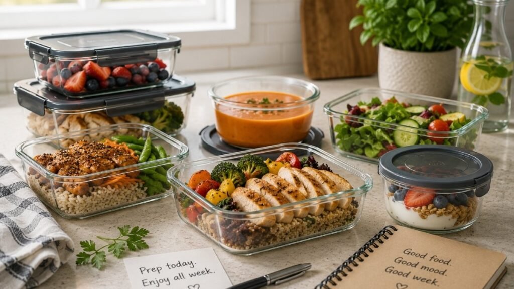 Prepared meals stored in glass containers on a kitchen counter